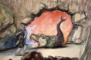 Siegfried megöli Fafner sárkányt, 19. század vége (illusztráció) alkotó: Unbekannter Künstler