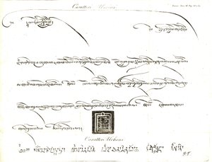 A tibeti nyelv uminn és uchen írásjegyeinek példányai. Samuel Davis hadnagy illusztrációja Samuel Turner kapitány (1759-1802) beszámolója egy követségről a tibeti Teshoo Láma udvarában 1800. Rézmetszet, dell
