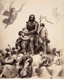 Keresztelő Szent János ül, körülötte zenész angyalok, és egy bárány fejét simogatja. Illusztráció Dante Alighieri Isteni komédiája Paradiso című művének XXXII. énekéhez. Francesco Scaramuzza műve, amelyet a firenzei önkormányzatnak szentelt. alkotó: Unbekannter Künstler