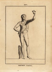 Bacchus Lenaios, a bor római istenének szobra, meztelenül, de oroszlánbőrért, szőlőfürtöt présel alkotó: Unbekannt