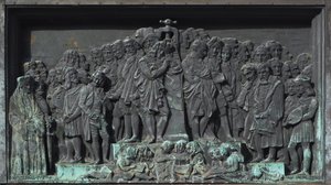 Strasbourg, Gutenberg szobrának domborműve. Európa alkotó: William M. Timlin