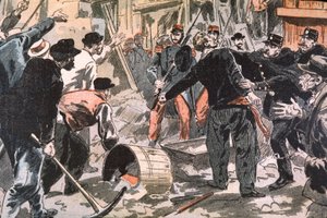 A breton grevisták és a rendfenntartó erők harca egy építkezésen, Párizs, 20. század eleje (metszet) alkotó: Unbekannter Künstler