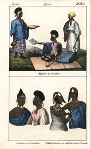 Szudáni nők csíkos ruhában. Alul a timbuktui (Mali) és a szaharai tibbói nők. Litográfia a könyvhöz: "Galerie complete en tableaux fideles des peuples d