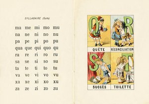 Szótagozat és Q R S T - Kislányok ABCD metszete. Pellerin & Cie, nyomda-kiadó, Epinal, 1890 körül. Serie A. Méretek: 19 x 13,5 cm. alkotó: Unbekannt
