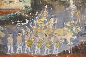 Sylver Pagoda Ez a falfestmény a Reamker jeleneteit ábrázolja, amely a kambodzsai vagy khmer, a klasszikus hindu vers, a Ramayana, Phnom Penh, Kambodzsa változata. alkotó: Unbekannt