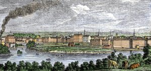 Textilgyárak a Merrimack (Merrimac) és a Concord folyók mentén, Lowell, Massachusetts, USA, 1830-as évek. Színes metszet a 19. századból. alkotó: Unbekannter Künstler