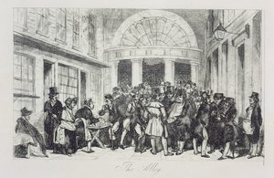 „The Alley”, Zsemle eladó a Londoni Értéktőzsde bejáratánál, Capel Court, 1850 körül (rézkarc) alkotó: Unbekannt