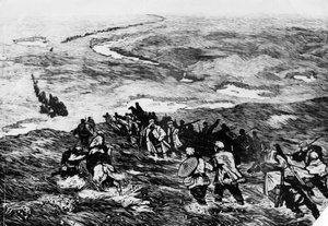 A kínai Vörös Hadsereg áthalad a mocsaras területen. Li Huan-min fametszete. A Vörös Hadsereg 1935-ben átkel a mocsaron alkotó: Unbekannt
