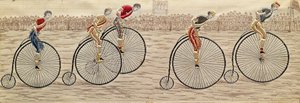 The Last Lap, Penny Farthing Race, selyem Stevengraph, Thomas Stevens of Coventry, Coventry alkotó: Unbekannter Künstler