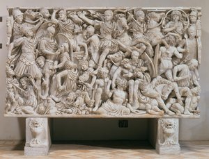 A Ludovisi szarkofág a barbárok ellen harcoló rómaiak magas domborművével, i.sz. 250-80 (márvány) alkotó: Unbekannt