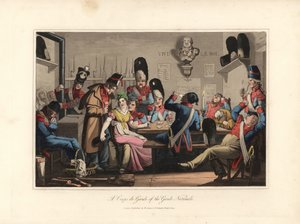A nemzetőrök a gárdában, a cantiniere-rel, szeszesital-kereskedővel és kártyáznak, pipáznak, néhányan alszanak - Eau forte Victor Auver illusztrációja után, az Un tour through Paris című, William Sams által kiadott kötetből. alkotó: Unbekannter Künstler