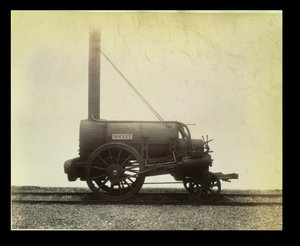 George Stephenson (1781-1848) által 1829-ben, 1905 körül tervezett „rakéta” (brómfotó) alkotó: Unbekannt