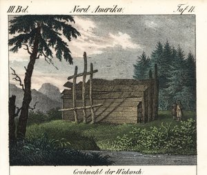 A wakashan indiánok fás sírja (Kanada). A könyv litográfiája: Friedrich Wilhelm Goedsche (1785-1863) "Galerie complete en tableaux fideles des peuples d