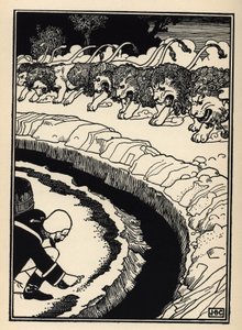 A báró az oroszlánok támadásától puskapor felgyújtásával védekezik. Illusztráció: William Strang (1859-1921) és JB Clark Rudolf Erich Raspe (1736-1794) A münchauseni báró (Munchhausen) kalandjaiból (1789) alkotó: Unbekannt