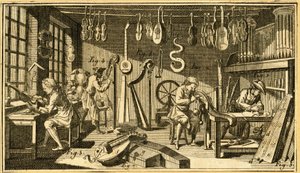 A kézművesek különböző munkái egy lantműhelyben. In: "Diderot és D