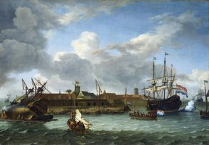 Onrust szigete, Batavia (ma Jakarta, Indonézia) partjainál, a Holland Kelet-indiai Társaság hajóinak kereskedelmi tevékenységéhez és karbantartásához szükséges összes infrastruktúrával felszerelve. alkotó: Unbekannter Künstler