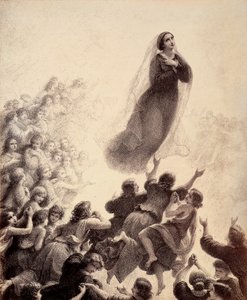 A boldogok szellemei kinyújtott karokkal, énekkel kísérik Mária visszaszállását a Birodalomba. Illusztráció Dante Alighieri Isteni komédiájának Paradiso XXIII. énekéhez. Francesco Scaramuzza műve, amelyet a firenzei önkormányzatnak szentelt. alkotó: Unbekannter Künstler