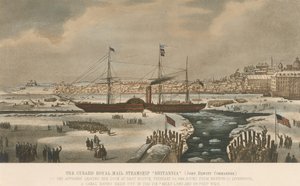 A Cunard Company Britannia nevű gőzhajója elhagyja a bostoni dokkokat (USA) február 3-án. alkotó: Unbekannter Künstler