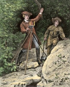 A fiatal George Washington (1732-1799) geométerként dolgozik Virginiában. Színező metszet a 19. századból. alkotó: Unbekannter Künstler