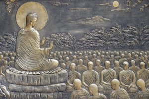 Tinh Xa Ngoc Chau buddhista templom, A Buddha élete, Siddhartha Gautama, Buddha a tanítványokkal, tanítás, Buddha arra buzdította első hatvan Arahant tanítványát, hogy menjenek különböző irányokba, hogy hirdesse a Tant,   Chau Doc, Vietnam, 2018 (ph alkotó: Unbekannt