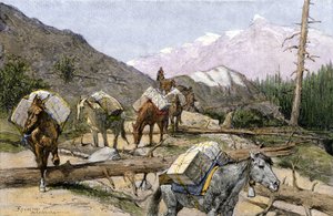 Ellátmányok és szőrmék szállítása lóháton a Sziklás-hegységben, USA. Frederic Remington illusztrációjáról. A Sziklás-hegységen keresztül ellátmányt vagy szőrmét szállító tehervonat. alkotó: Unbekannter Künstler