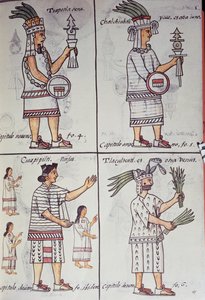 Tzapotlatena, Chalchiuhtlatonal, Cioapipitli és Tliltecuhtli, Firenzei kódex, kétnyelvű változat spanyol és nahuatl nyelven, Az új Spanyolország dolgainak általános története, Aztec alkotó: William M. Timlin