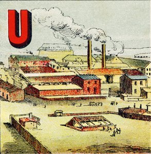 U: Gyári. A gyár egy hatalmas gyár, ahol nagyszámú gép található; mint a Le Creusot gigantikus gyárában – Földrajzi ábécéből kivont metszet. Guerin-Muller et Cie, kiadók, Párizs alkotó: Unbekannt