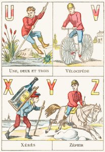 U V X Y Z; U: Egy, kettő és három; V: Velocipede; X: sherry; Z: Zephir – Játékábécé, 1890 körül (metszet) alkotó: Unbekannt