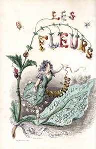 Une fee des fleurs setient sur une feuille et holds un ruban (címlap) - Charles Geoffroy (1819-1882) metszete, Jean Ignace Isidore Gerard dit J.J.J.J.Granville (1803-1847) illusztrációjáról, a Les fleurs animees című kötethez. alkotó: Unbekannter Künstler