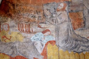 Vault de Lugny templom. 16. századi falfestmény. Krisztus szenvedélyében. Gecsemáné, Jézus imádkozik, közben a tanítványok pihennek. Franciaország Â alkotó: Unbekannt