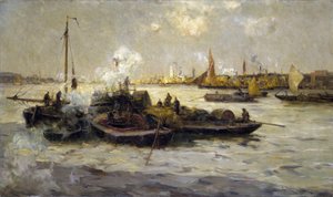 Az angliai Limehouse látképe, a Temze iparosodásának leírásával a viktoriánus korszak végén (19. század vége), vontatóhajókkal, vágóhajókkal és uszályokkal, a háttérben a Szent György fehér torony. alkotó: Unbekannter Künstler