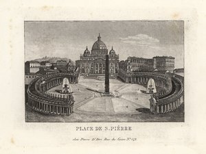 Kilátás a Szent Péter térre, a Piazza di S. Pietro-ra, a Szent Péter-bazilikával és az ókori egyiptomi obeliszkkel alkotó: Unbekannt