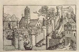 Alexandria ókori városának képe H. Schedel „Liber Chronicarum” című metszetkönyvéből alkotó: Unbekannter Künstler