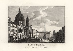 Kilátás a Piazza Navona térre, szökőkúttal, egyiptomi obeliszk és Sant