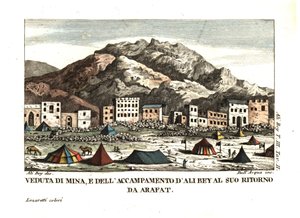 Mina falu látképe az Arafat sivatagban (Sátorváros, Mekka, Szaúd-Arábia). Ali Bey el Abbassi illusztrációja a Marokkói, tripoli, ciprusi, egyiptomi, arab, szíriai és törökországi utazásaiból, London 1816. dell