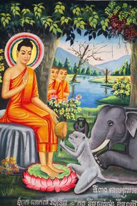 Falfestmény a Wat Pitchey Udongban: Jelenet Buddha életéből. Buddhát egy majom táplálta, miközben Kampot Cambodge-ban böjtölt alkotó: Unbekannt
