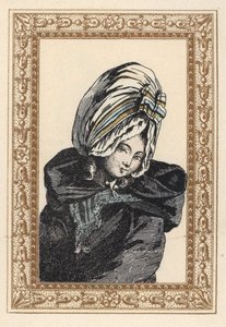 Nő éjszakai köpenyben és nagy Voluptuese kalapban. Éjszakai haj, van a Voluptuous. Kézzel színezett litográfia de Laubadere-től Octave Uzane Stílusos frizura vagy excentrikus díszítés XVI. Lajos király korából, Hairstyles de Style, La Parure Eccentric, Rou alkotó: Unbekannter Künstler