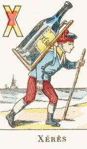 X : Xeres, egy fiú egy nagy üveg bort tart a hátán - Játékok ábécéje, 1890 körül (metszet) alkotó: Unbekannt