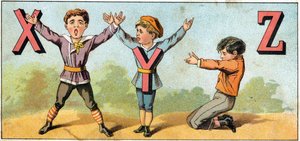 X Y és Z betűket utánoz a testhelyzet. Metszet „Alphabet des petits ecoliers” felirattal. Az Epinal képalkotása, 1885 körül. Privee Collection alkotó: Unbekannt