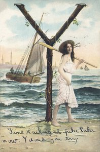 Y: Egy mezítlábas nő rövid ujjatlan ruhában evezőt tart a bal vállán. Tengeri dekoráció – Ábécé karakterei Ref Th. E., L. Theochrom – Serie 994. Theodor Eisman, kiadó, Lipcse alkotó: Unbekannt