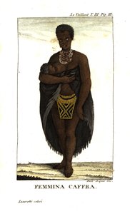 Fiatal san nő szoptatja gyermekét, Dél-Afrika. Köpenyt, nyakláncot és gyöngyös szoknyát visel. Francois Le Vaillant-tól (Levaillant alkotó: Unbekannter Künstler