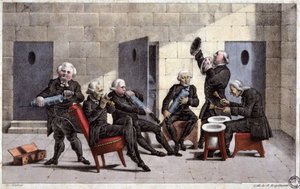 courante-t játszó amatőrök, francia karikatúra az orvosok ellen (kezükben fecskendő és kamrai edény mint hangszer) és a purgatórium ellen, 18. század, Elgelmann metszete, 1830 körül. alkotó: Unbekannter Künstler