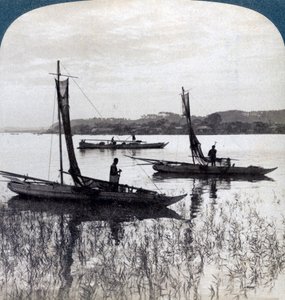 Napnyugtakor hazaérkező halászhajók, Yokohama közelében, Japánban, 1904. alkotó: Underwood and Underwood