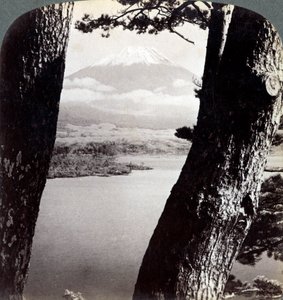 A Fuji-hegy északnyugat felől nézve, fenyőkön keresztül a Motosu-tónál, Japán, 1904 alkotó: Underwood and Underwood