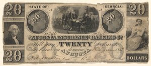 20 dolláros bankjegy, amelyet az Augusta Insurance & Banking Co., Augusta, Georgia állított ki 1858-ban, a Függetlenségi Nyilatkozat gravírozásával Trumbull után Washingtonban Stuart után (?) alkotó: Unknown