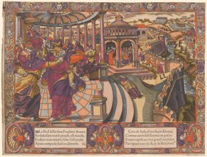 Ananias hamis próféta, elcsábítja a népet és megszakítja Jeremiás láncát, Júda népe fogságban van Babilonban. (Anániás hamis próféta elcsábítja a népet és megtöri Jeremiást alkotó: Unknown
