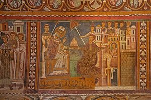 Konstantin császár bemutatja birodalmi tiaráját Szilveszter pápának, uralmat adva neki Róma, a San Silvestro kápolna nyugati fala felett, 1246 alkotó: Unknown