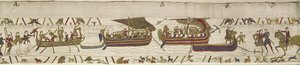 Harold átkel a Csatornán Guy, Ponthieu gróf területére, ahol elfogják, Bayeux Tapestry (gyapjú hímzés vászonra) alkotó: Unknown