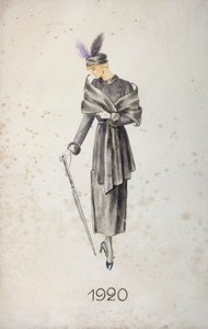 Kabátot és tollas sapkát viselő, esernyőt viselő modell, 1920 alkotó: Unknown