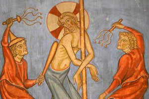 Saint-Pierre-le-Jeune protestáns templom, Krisztus szenvedése, Krisztus megkorbácsolása, freskó, Strasbourg, Franciaország. alkotó: Unknown